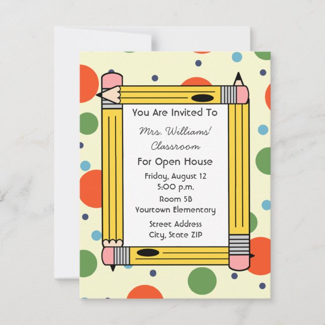 Classroom Open House - Yellow Pencils & Dots Invitation (Front)