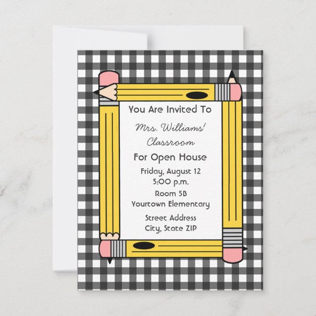 Classroom Open House: Yellow Pencils, Gray Gingham Invitation (Front)