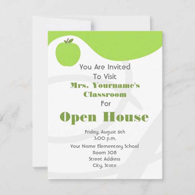 Classroom / School Open House- Green Apple Invitation (Front)