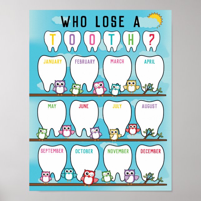 Classroom Tooth Tally Chart Poster in Owl Theme (Front)
