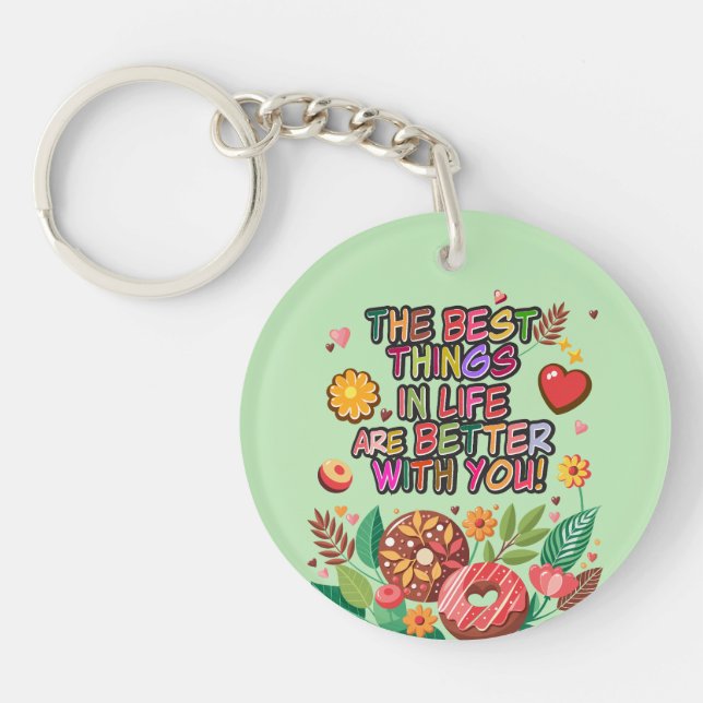 Classroom Valentine's Day Boho Donuts and Flowers Keychain (Front)