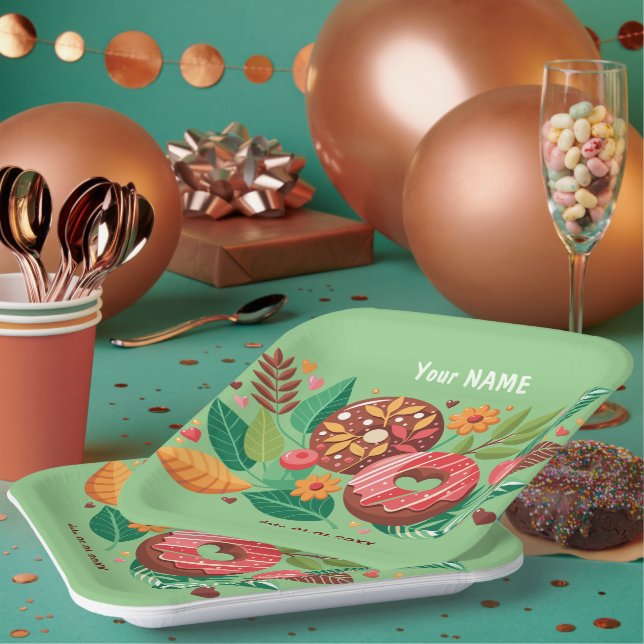 Classroom Valentine's Day Donut Flower Personalize Paper Plates (Multi)