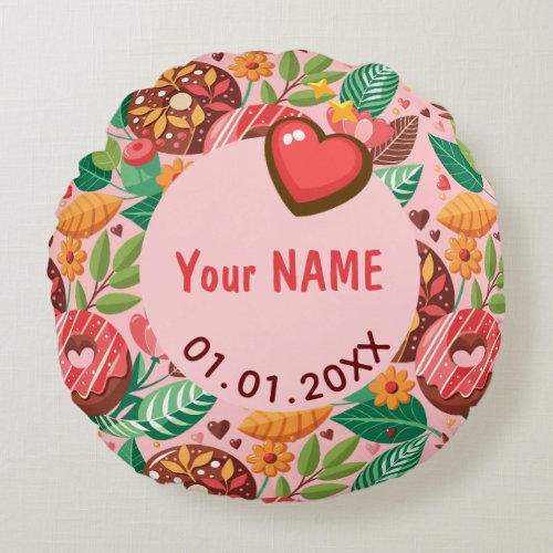 Classroom Valentines Day Donut Flower Personalize Round Pillow