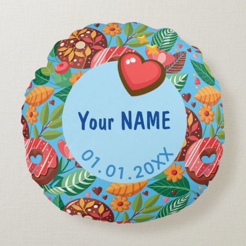 Classroom Valentines Day Donut Flower Personalize Round Pillow