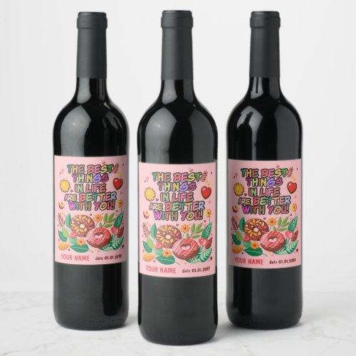 Classroom Valentines Day Donut Flower Personalize Wine Label