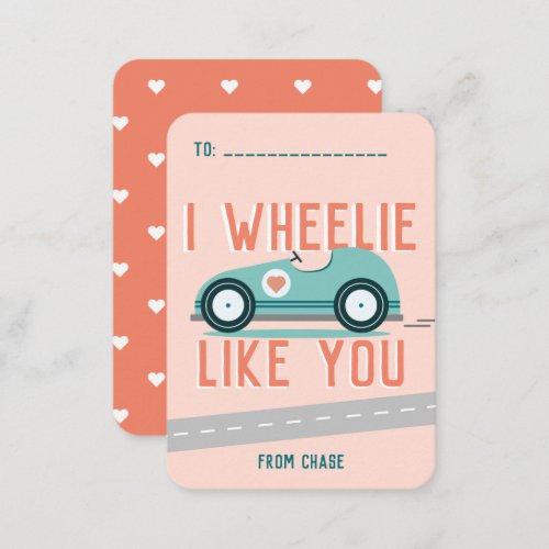 Classroom Valentines Day Race Car Wheelie Card