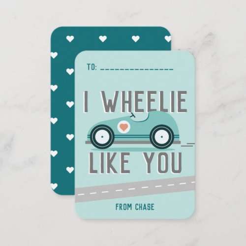 Classroom Valentines Day Race Car Wheelie Card