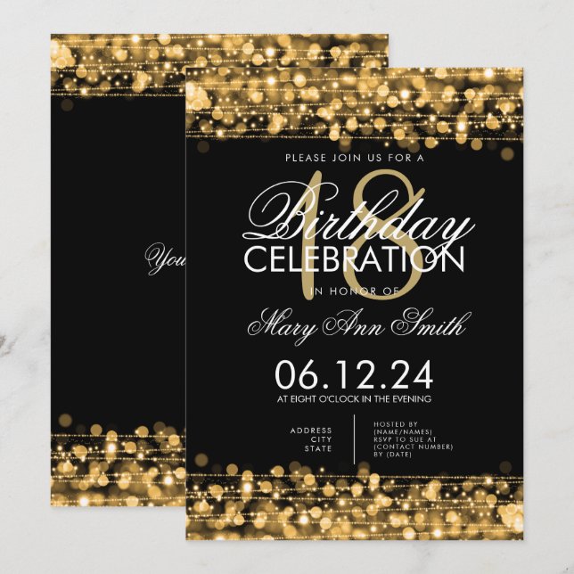 Classy 18th Birthday Party Sparkles Gold Invitation (Front/Back)