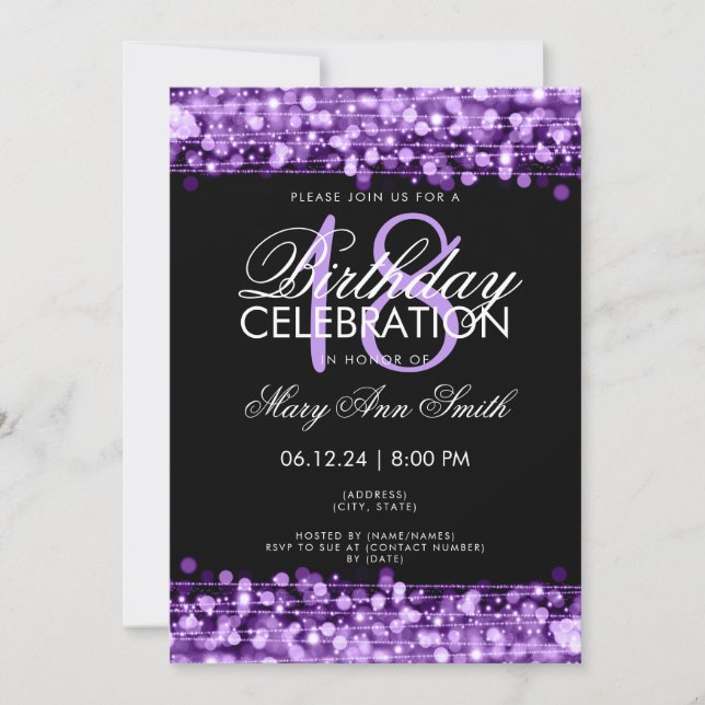 Classy 18th Birthday Party Sparkles Purple Invitation (Front)