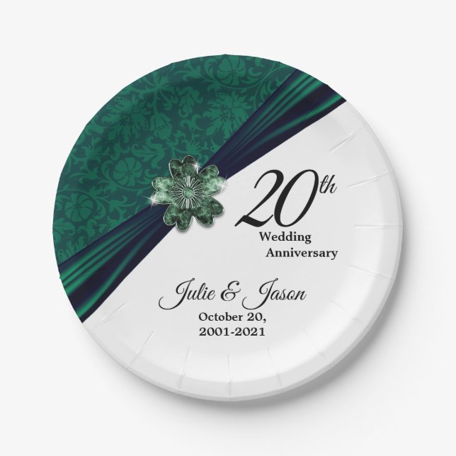 Classy 20th Emerald Wedding Anniversary Design Paper Plates (Front)