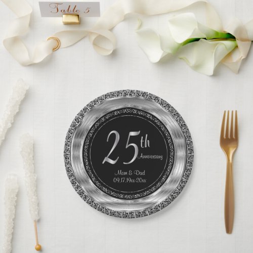 Classy 25th Silver and Black Wedding Anniversary Paper Plates