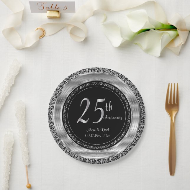 Classy 25th Silver and Black Wedding Anniversary Paper Plates (Wedding)