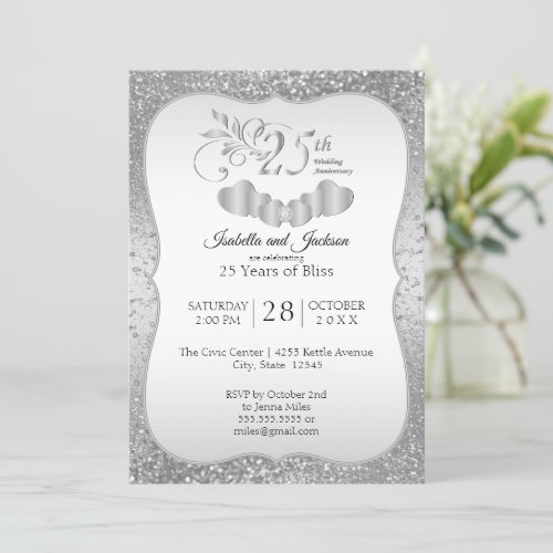 Classy 25th Silver Glitter Anniversary Invitation