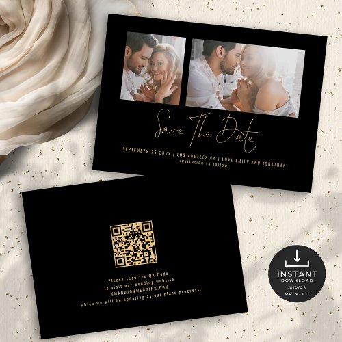 Classy 2 Photos Gold Black Wedding  Save The Date