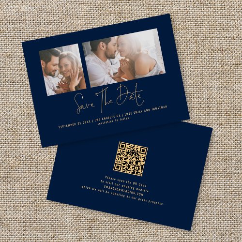 Classy 2 Photos Gold Navy Blue Wedding Save The Date