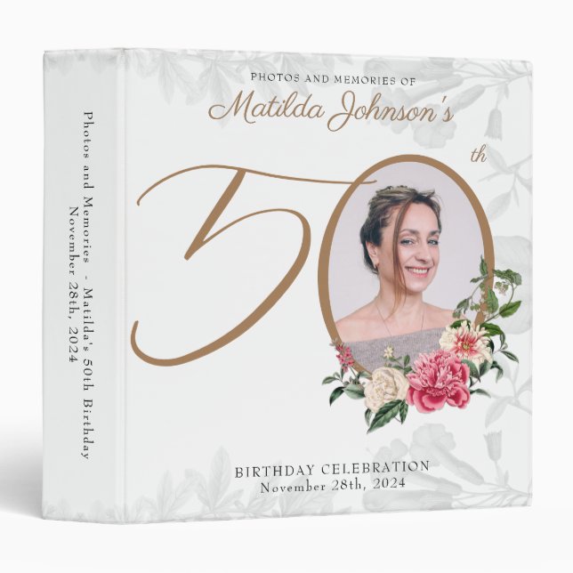 Classy 50th Birthday Floral White Gold Photo Album 3 Ring Binder (Front/Spine)
