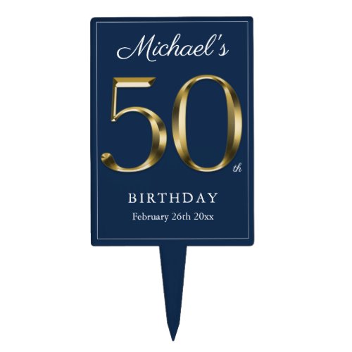 Classy 50th Birthday Navy Blue Gold Text Milestone Cake Topper