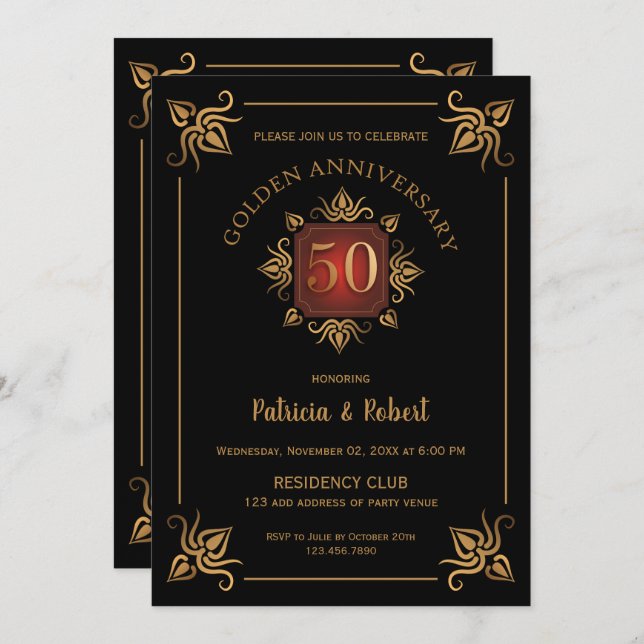 Classy  50th Wedding Anniversary Black And Gold Invitation (Front/Back)