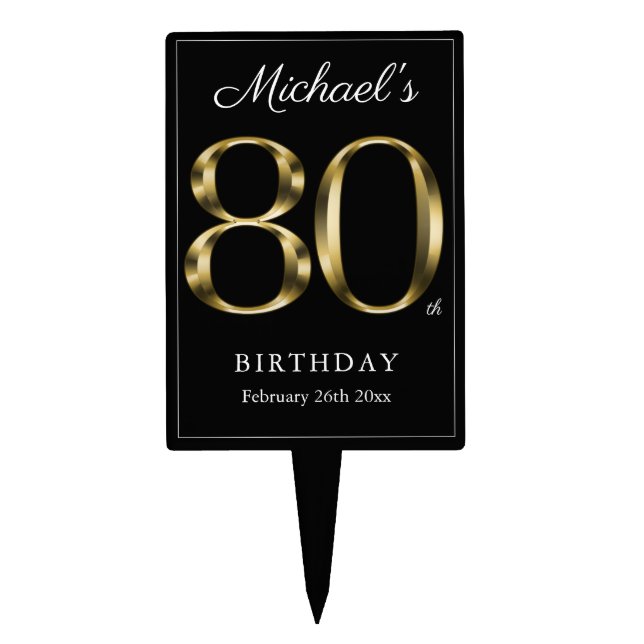 Classy 80th Birthday Black Gold Text Elegant Cake Topper (Front)