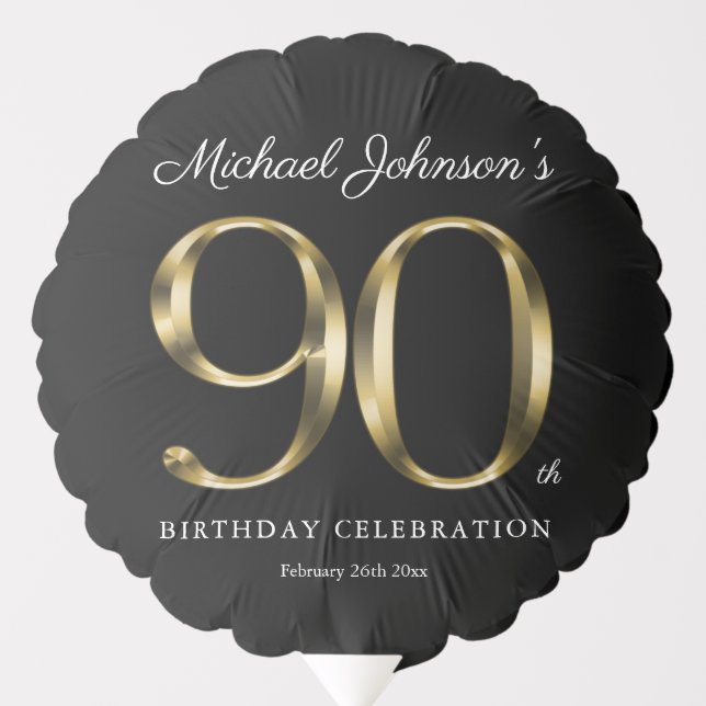 Classy 90th Birthday Black Gold Typography Simple  Balloon (Front)