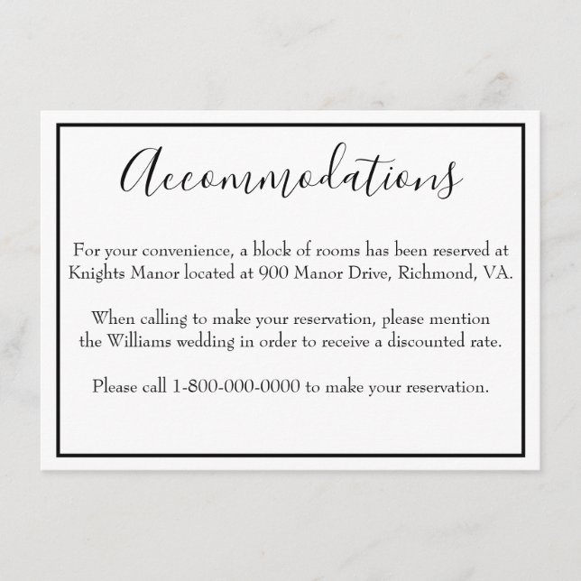 Classy accommodations enclosure card (Front)