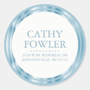 Classy Address Blue and White - Customize Classic Round Sticker