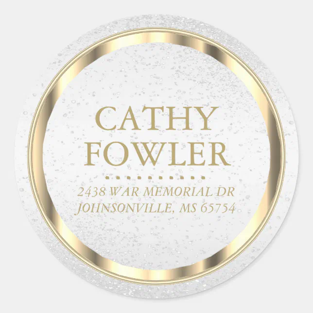 Classy Address Gold and White Classic Round Sticker | Zazzle