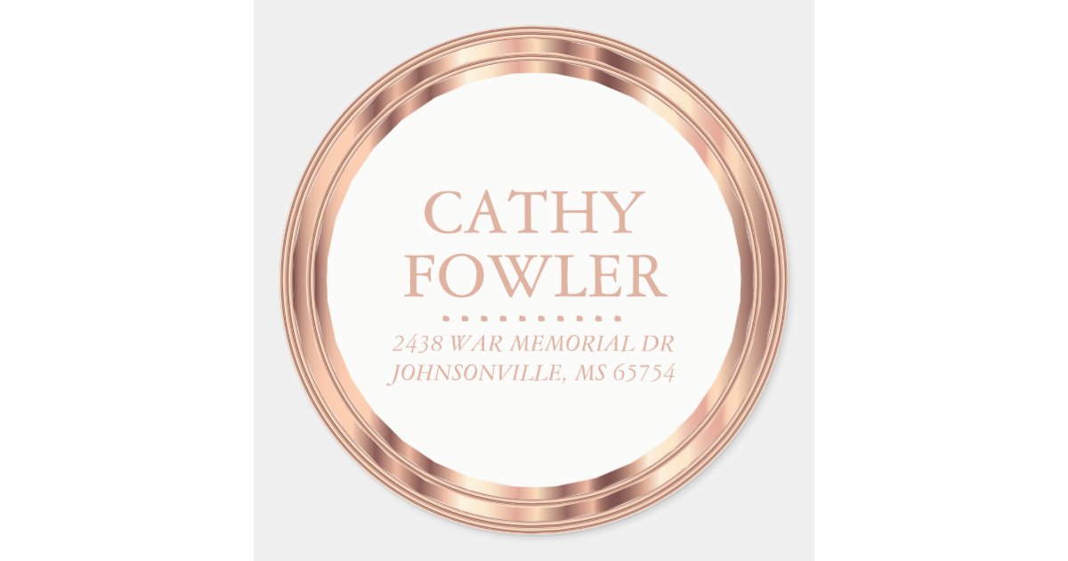 Classy Address Rose Gold and White Classic Round Sticker | Zazzle