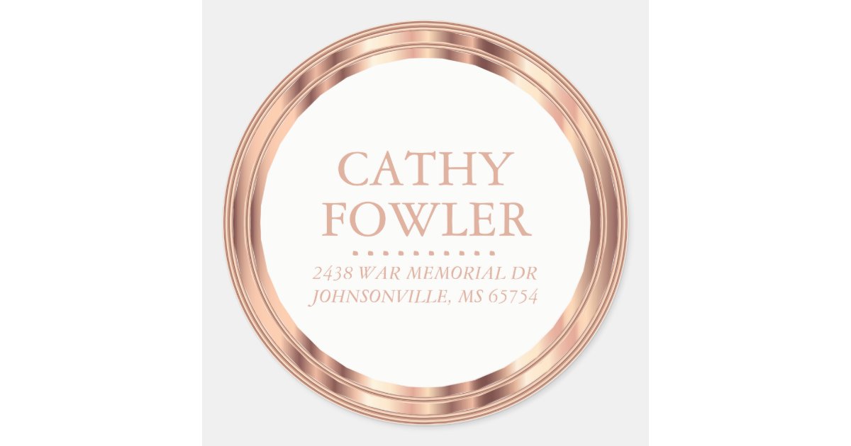 Classy Address Rose Gold and White Classic Round Sticker | Zazzle