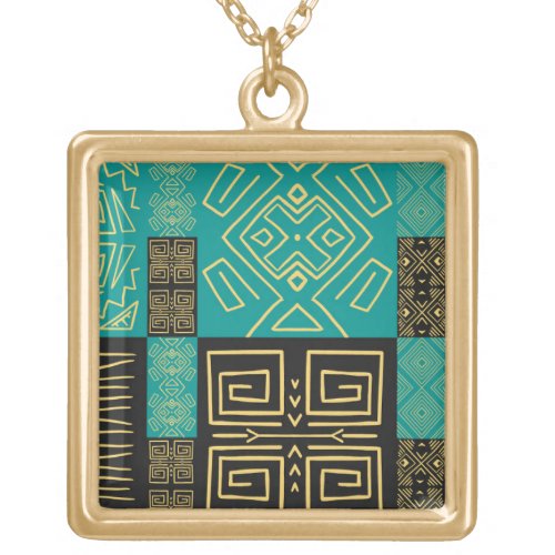 Classy African Tiles Line Art Pattern   Gold Plated Necklace