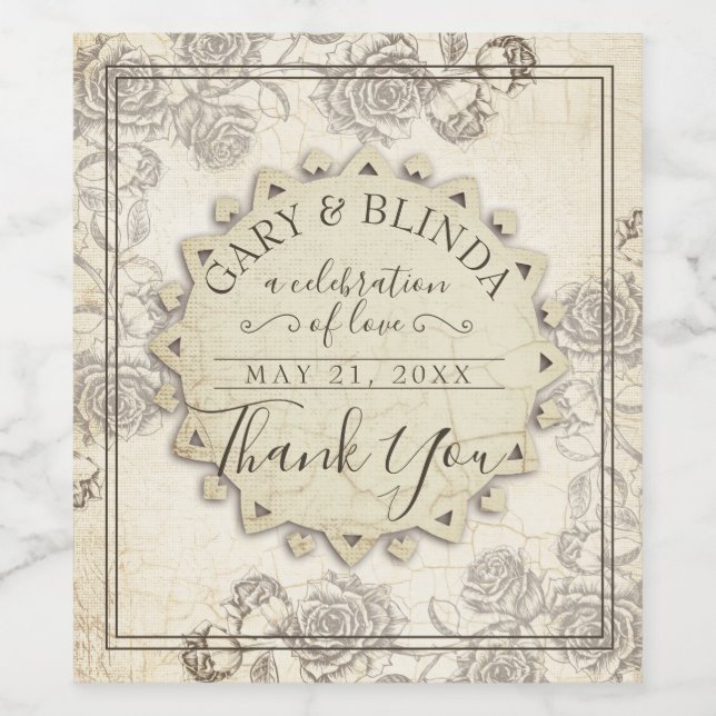 Classy aged paper roses wedding favor wine bottle label (Single Label)