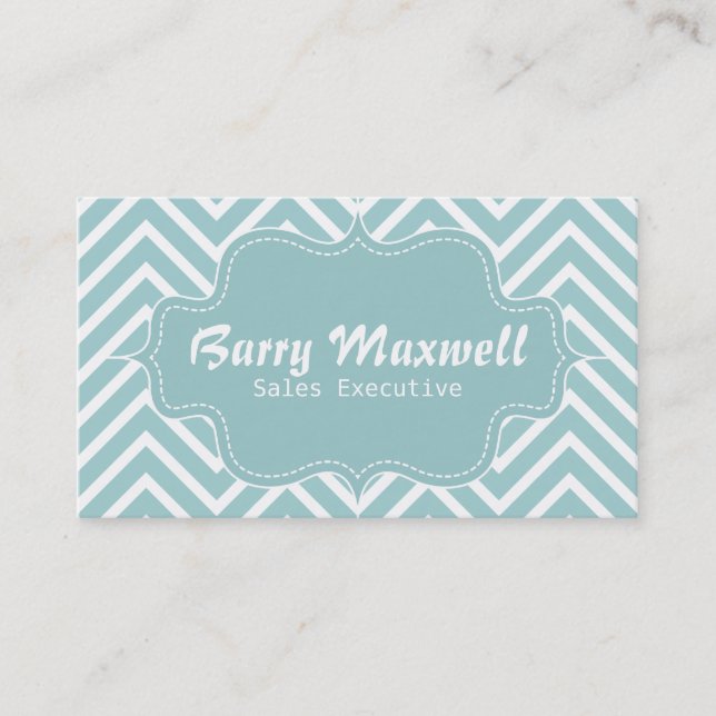 Classy and Elegant, blue and white chevron pattern Business Card (Front)