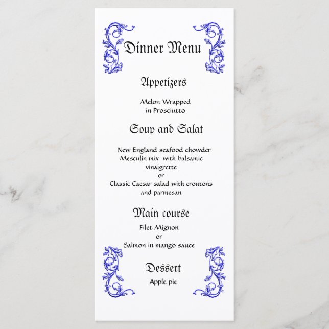 Classy and elegant blue wedding dinner menu (Front)