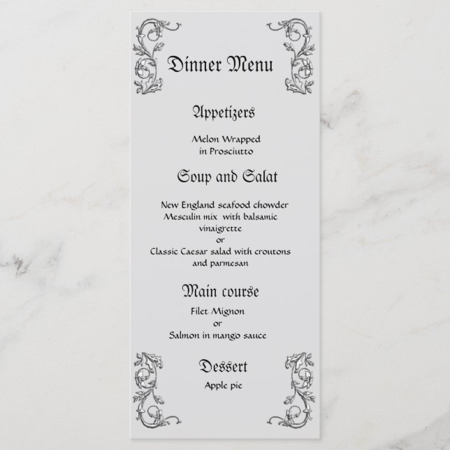 Classy and elegant gray white wedding dinner menu (Front)