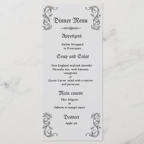 Classy and elegant gray white wedding dinner menu
