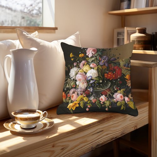 Classy Antique Floral Still Life Fine Art Painting Throw Pillow