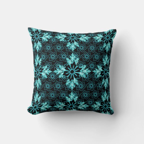 Classy Aqua and Black Floral Pattern Throw Pillow