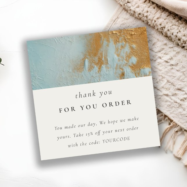 Classy Aqua Blue Gold Oil Paint Texture Thank You Square Business Card (Creator Uploaded)