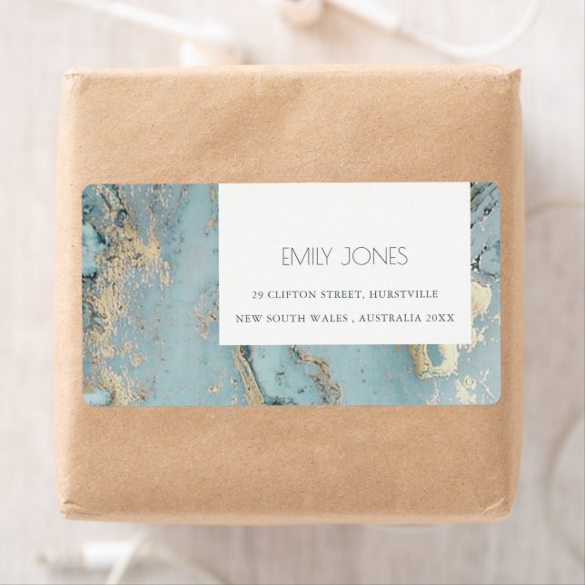 CLASSY AQUA DUSKY BLUE GOLD AGATE MONOGRAM WEDDING LABEL (Insitu)