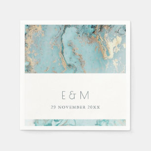 CLASSY AQUA DUSKY BLUE GOLD AGATE MONOGRAM WEDDING NAPKINS