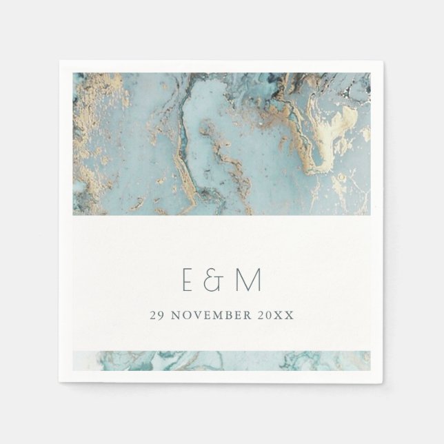 CLASSY AQUA DUSKY BLUE GOLD AGATE MONOGRAM WEDDING NAPKINS (Front)
