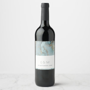 CLASSY AQUA DUSKY BLUE GOLD AGATE MONOGRAM WEDDING WINE LABEL