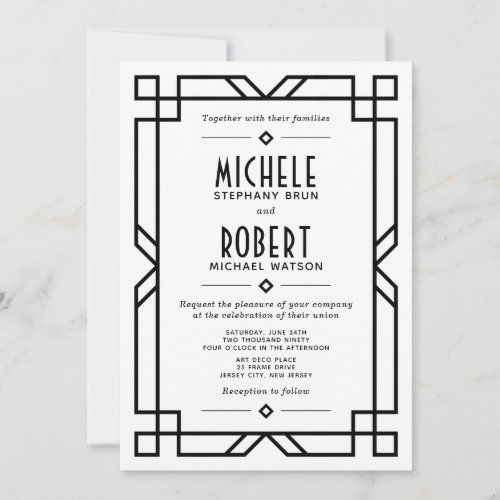 Classy Art Deco Modern Black Frame White Wedding Invitation