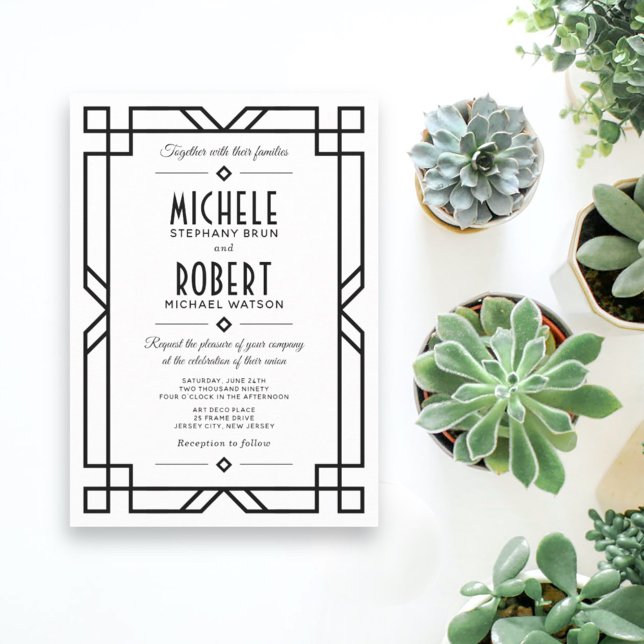 Classy Art Deco Modern Black Frame White Wedding Invitation (Creator Uploaded)