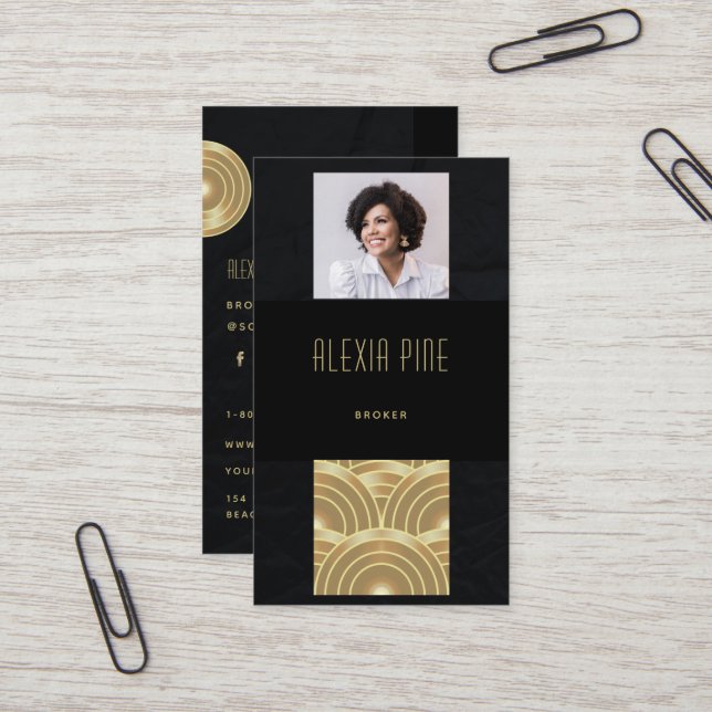 Classy Art Deco Professional Black Gold Photo Business Card (Front/Back In Situ)