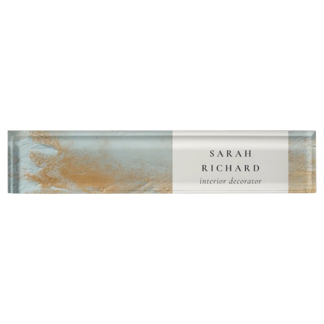 Classy Artistic Aqua Blue Gold Oil Paint Business Desk Name Plate (Front)