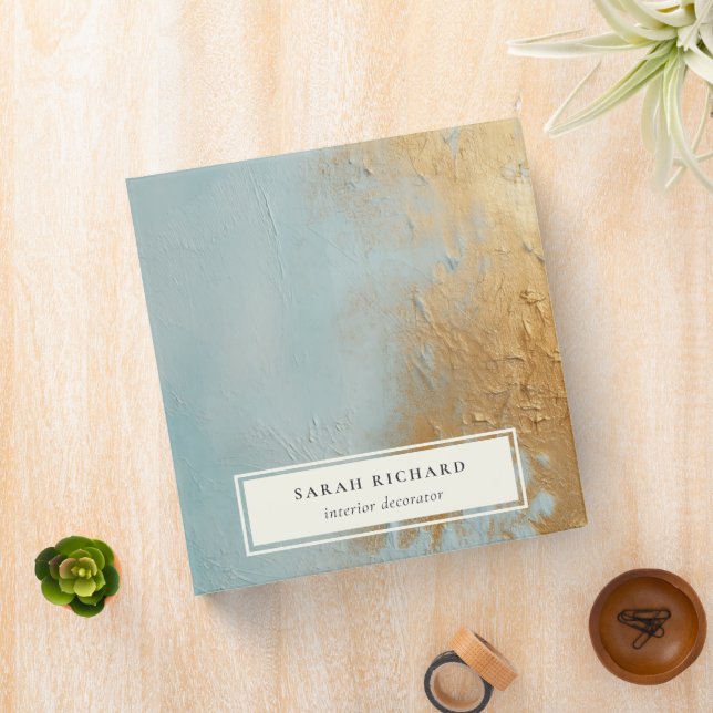 Classy Artistic Aqua Blue Gold Oil Paint Texture 3 Ring Binder (In Situ)