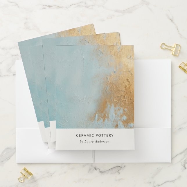 Classy Artistic Aqua Blue Gold Oil Paint Texture Pocket Folder (In Situ)