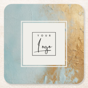 Classy Artistic Blue Gold Oil Paint Texture Logo Square Paper Coaster