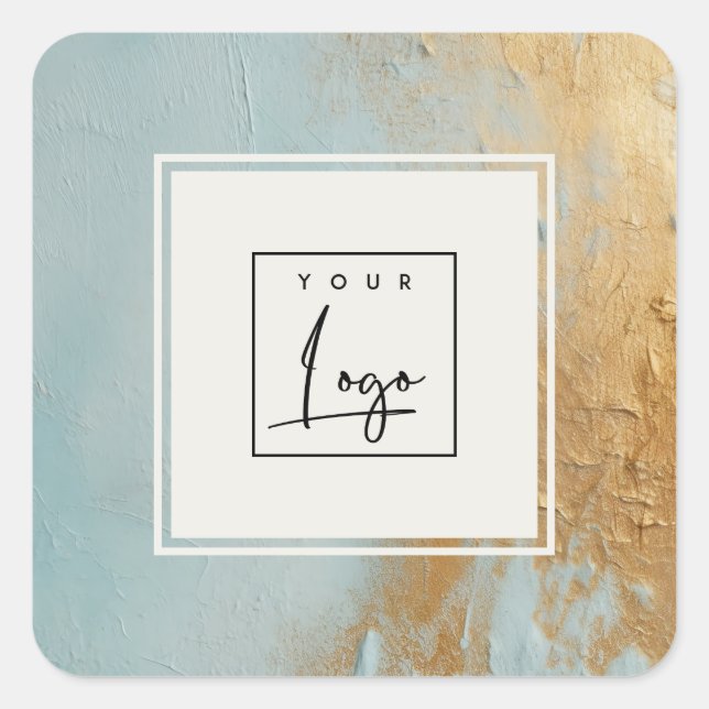 Classy Artistic Blue Gold Oil Paint Texture Logo Square Sticker (Front)